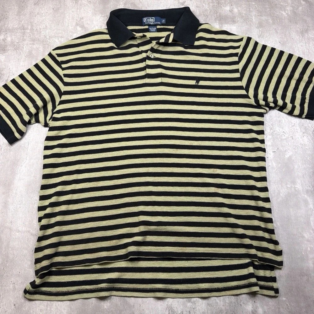 Ralph Lauren Polo Shirt Mens Size LT Black Striped Waffle Knit Pony Short Sleeve